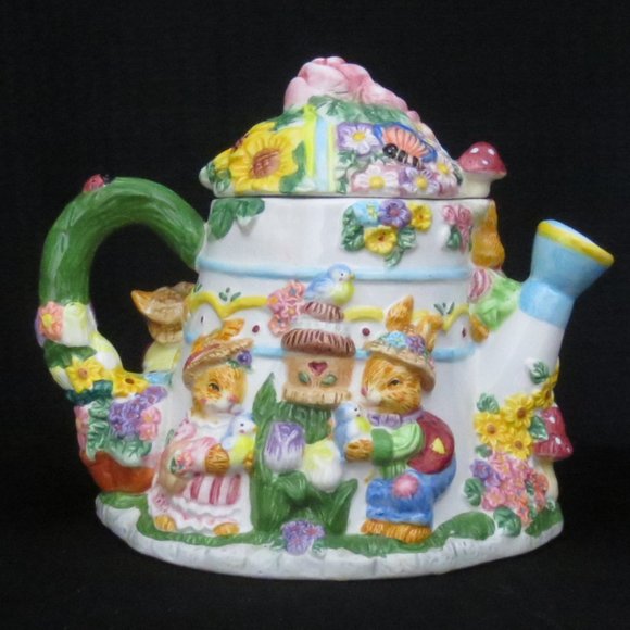 90s Mercuries Bright Colorful Springtime Whimsical Bunnies Ceramic Teapot & Lid - Picture 3 of 9